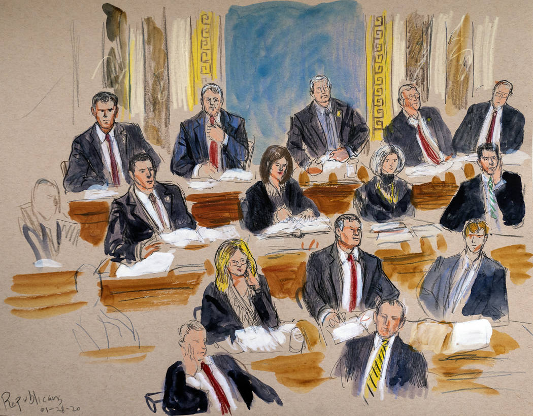 This artist sketch depicts the Republican side of the Senate during defense arguments in the im ...