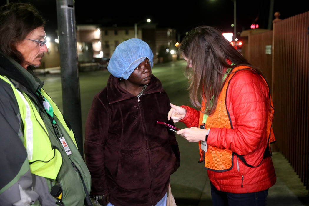 SafeNest CEO Liz Ortenburger and homeless count volunteer Mark Chadwick interview Fennie Voner ...
