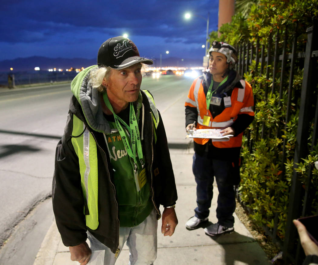 Homeless count volunteers Roger Peterson, left, and Daryl Meier, on Washington Avenue and Main ...