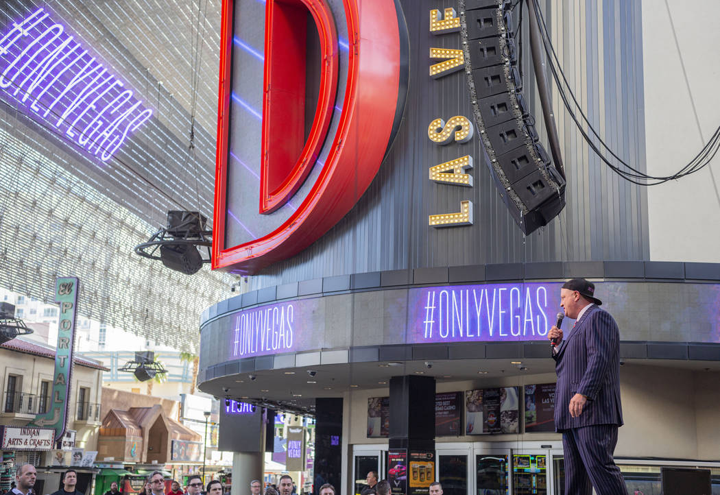 Derek Stevens, owner of the D Las Vegas, helps introduce Las Vegas' new slogan, " What Hap ...