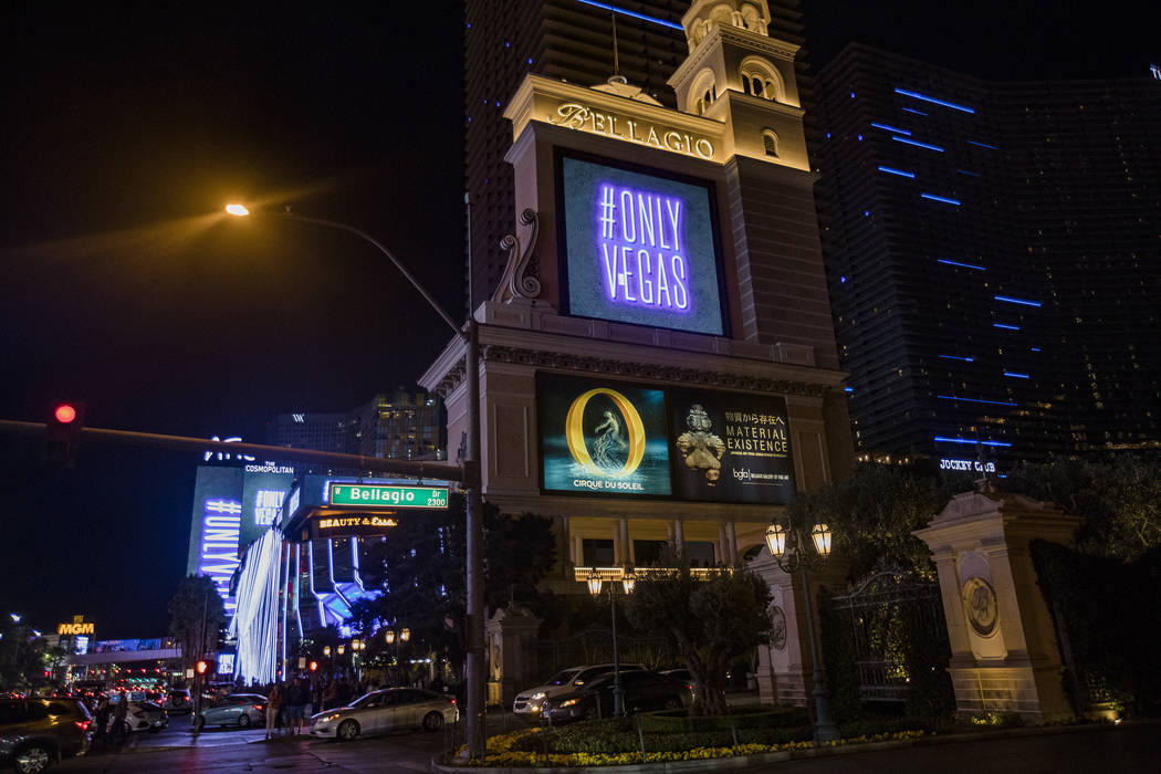 The new slogan for the city, Only Vegas, displayed on the marquee at the Bellagio in Las Vegas, ...
