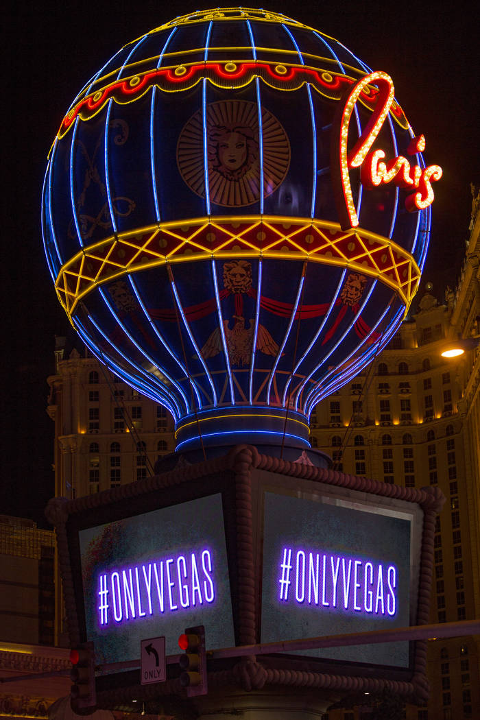The new slogan for the city, Only Vegas, displayed on the marquee at Paris Las Vegas in Las Veg ...