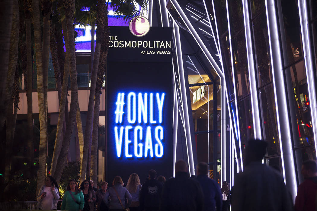 The new slogan for the city, Only Vegas, displayed on the marquee at The Cosmopolitan in Las Ve ...