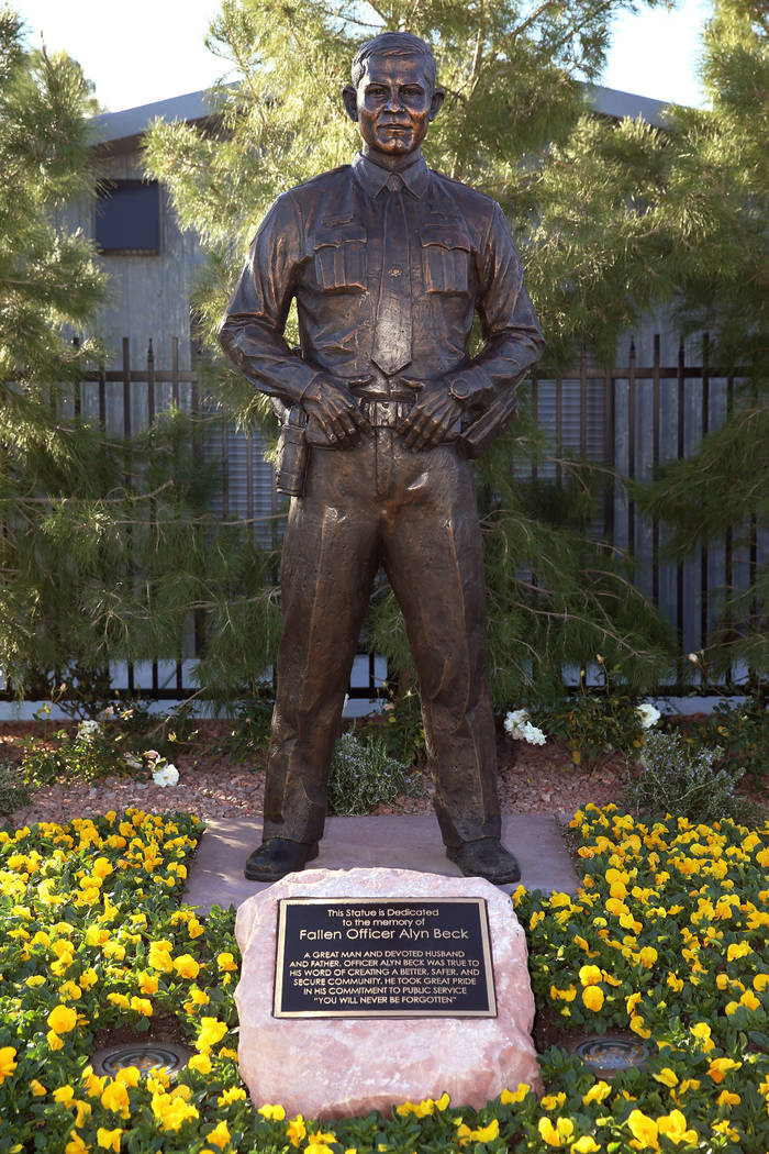 The Alyn Beck statue designed by sculptor Brian Hanlon is seen at the Alyn Beck Memorial Park, ...