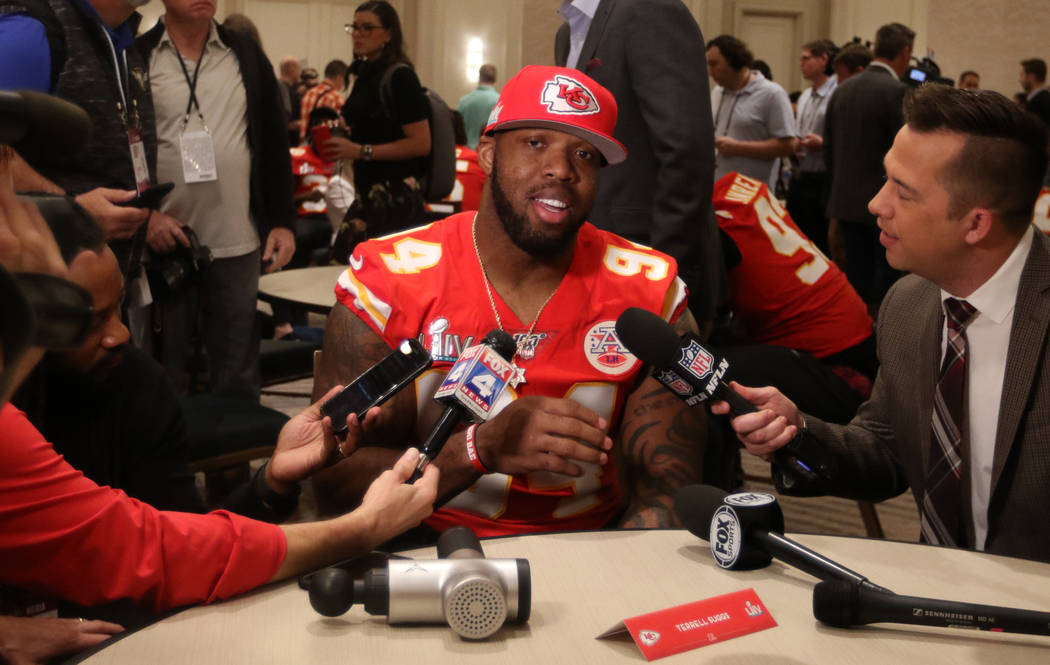 Kansas City Chiefs outside linebacker Terrell Suggs answers questions during Super Bowl LIV med ...