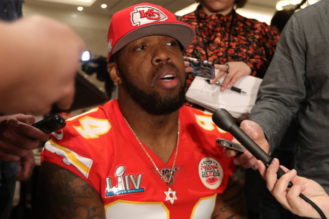 Kansas City Chiefs outside linebacker Terrell Suggs answers questions during Super Bowl LIV med ...