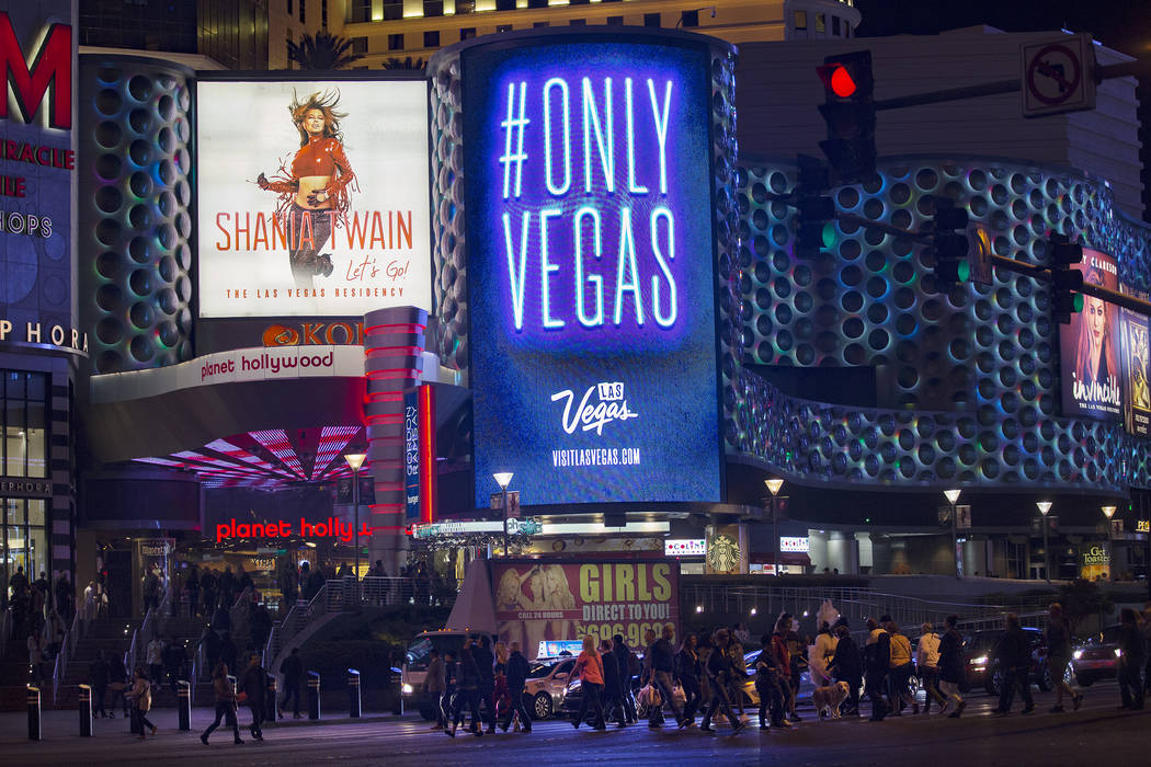 The new slogan for the city, Only Vegas, displayed on the marquee outside Planet Hollywood Reso ...