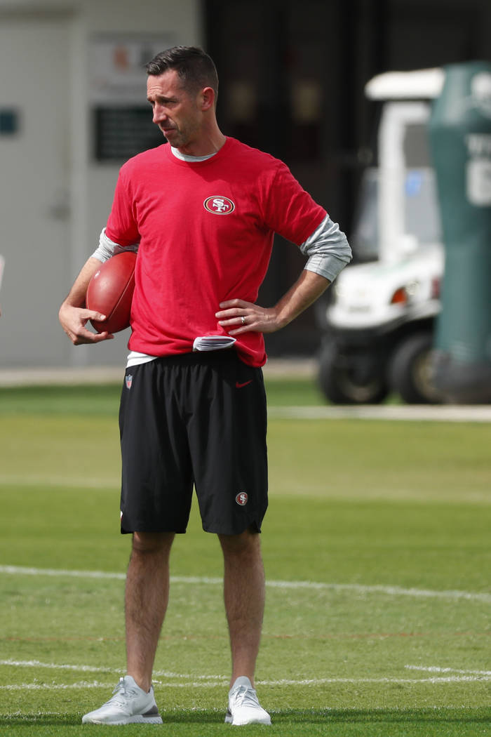 San Francisco 49ers head coach Kyle Shanahan watches players during practice for the NFL Super ...