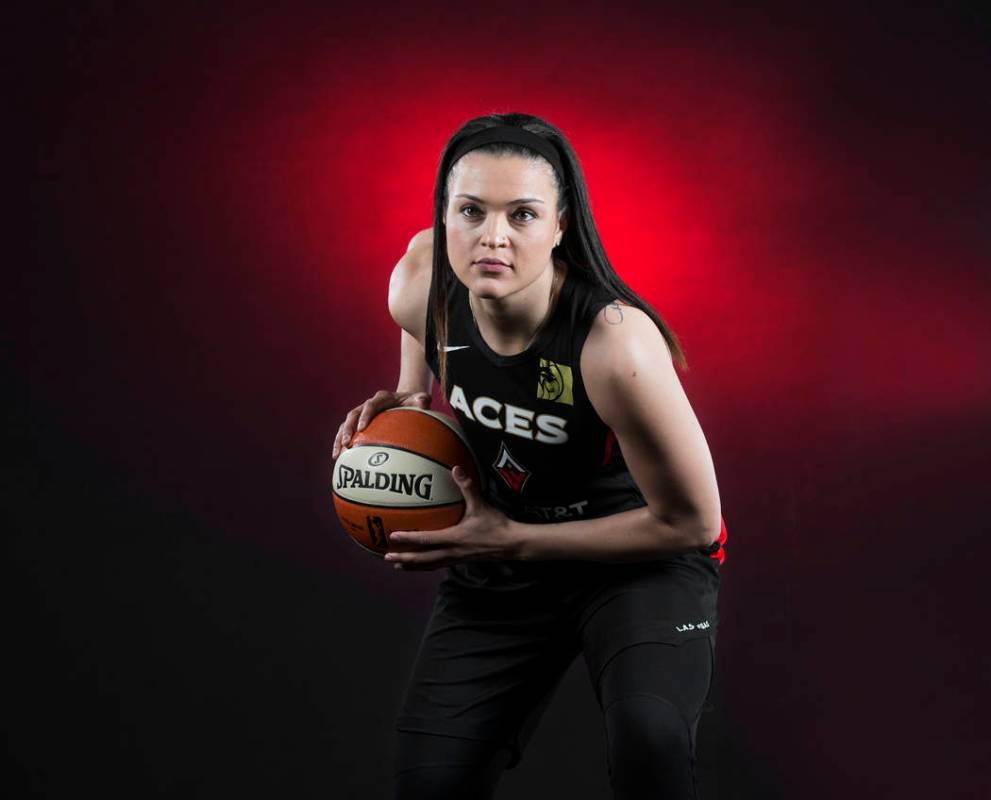 Aces guard Kayla McBride during media day on Monday, May 13, 2019, at Mandalay Bay Events Cente ...