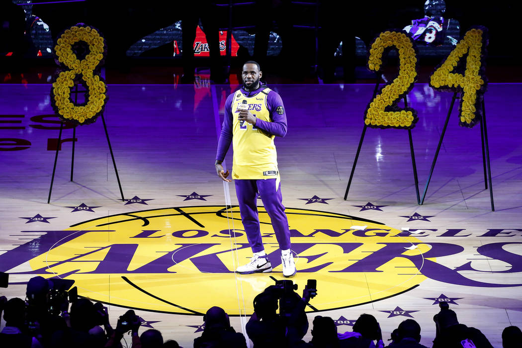 Los Angeles Lakers' LeBron James, wearing a No. 24 jersey, speaks about Kobe Bryant prior to an ...