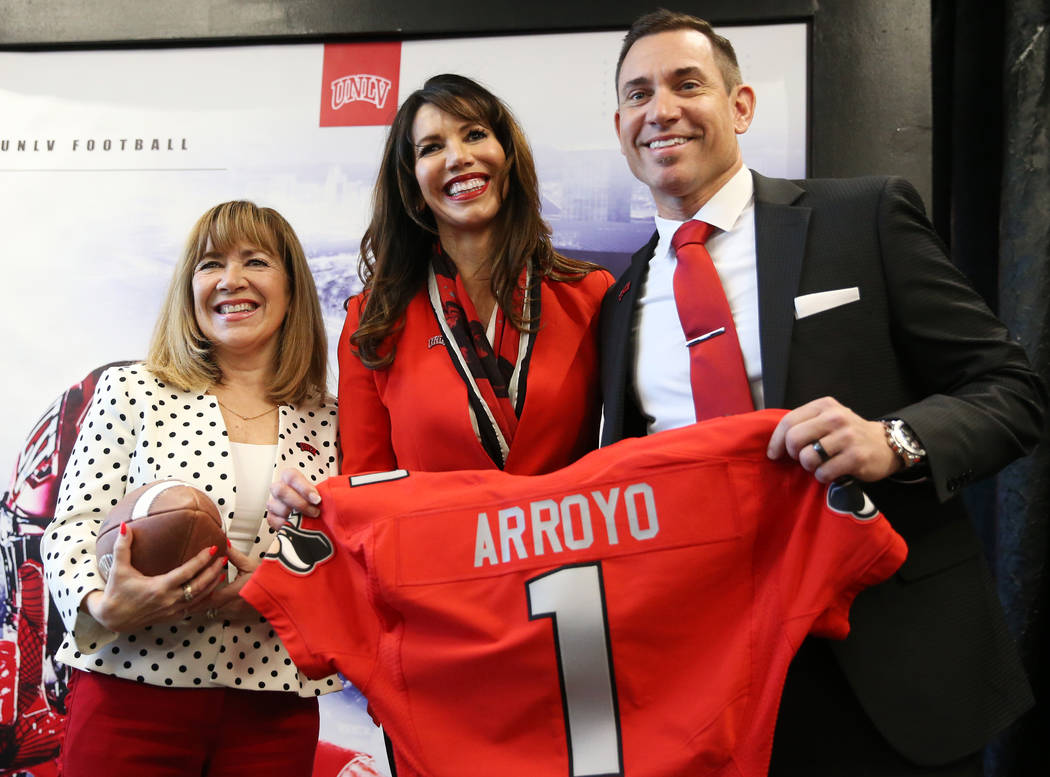 UNLV's President Marta Meana, from left, Athletic Director Desiree Reed-Francois, and new Footb ...