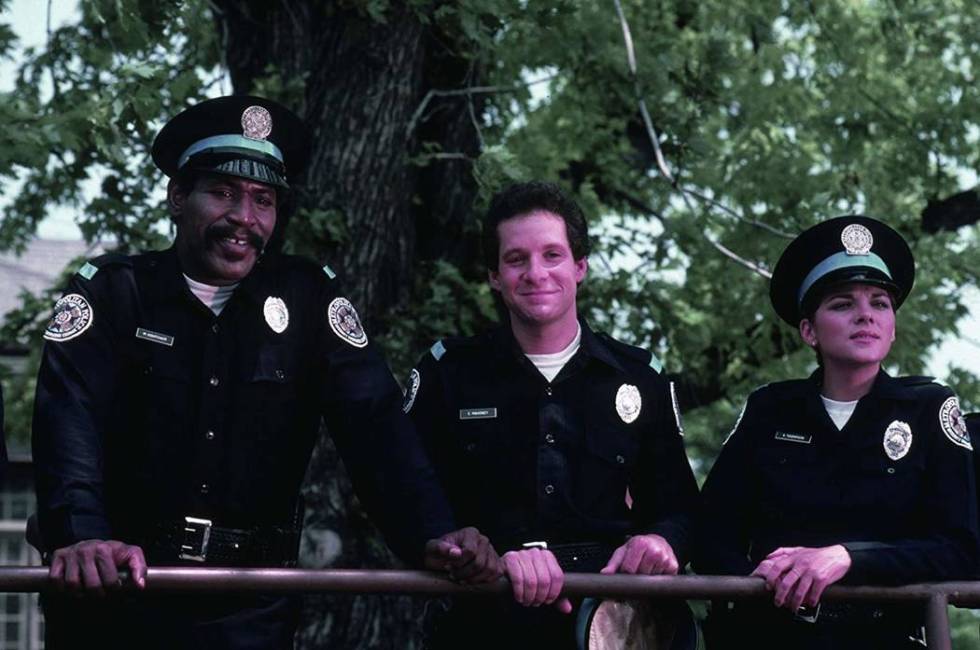 From left, Bubba Smith, Steve Guttenberg and Kim Cattrall star in "Police Academy." (Warner Bros.)