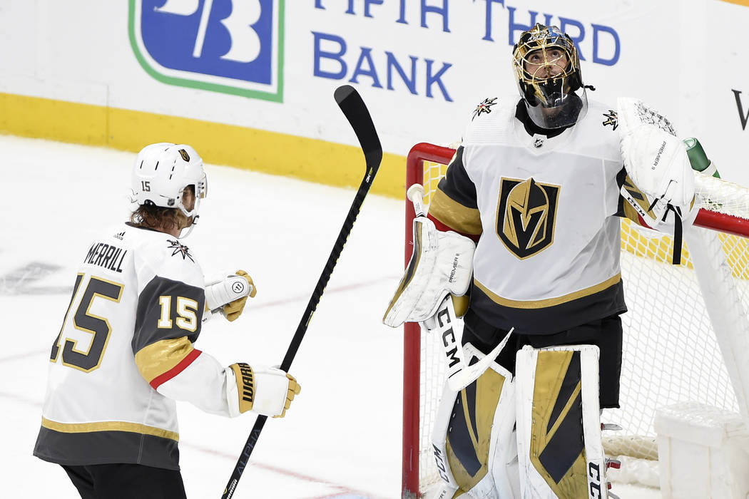 Vegas Golden Knights goaltender Marc-Andre Fleury (29) looks up after the team's win against th ...