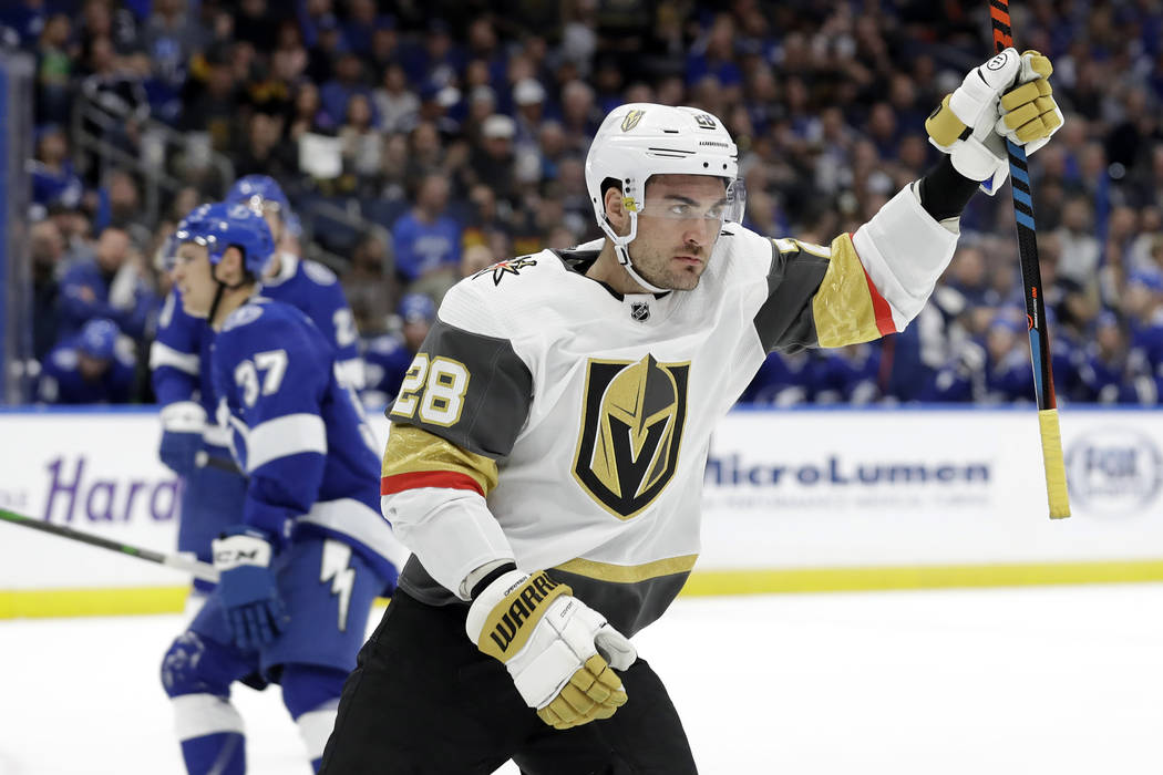 Vegas Golden Knights left wing William Carrier (28) celebrates his goal against the Tampa Bay L ...