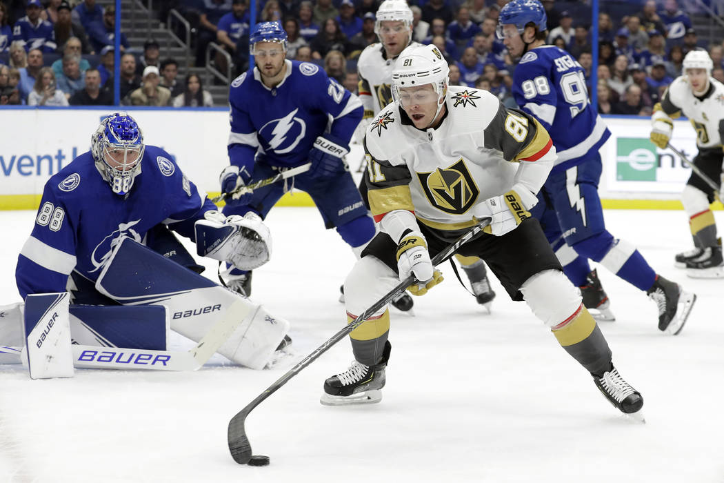 Vegas Golden Knights center Jonathan Marchessault (81) controls the puck in the Tampa Bay Light ...