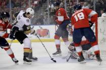 Vegas Golden Knights right wing Mark Stone (61) scores a goal against Florida Panthers goaltend ...