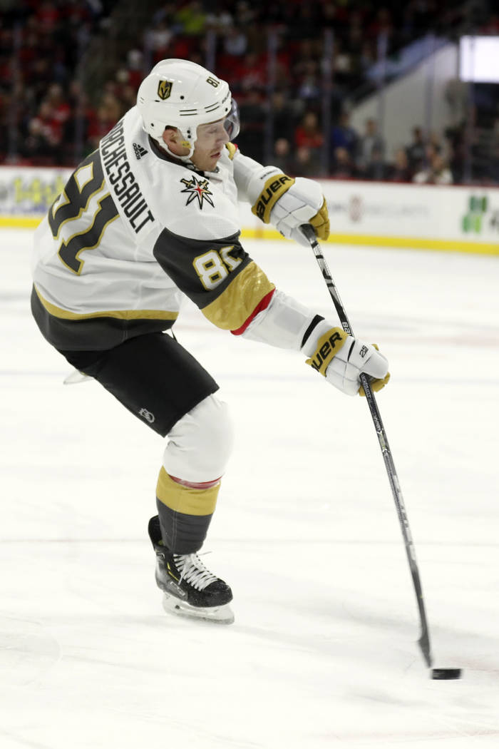 Vegas Golden Knights center Jonathan Marchessault (81) shoots and scores against the Carolina H ...