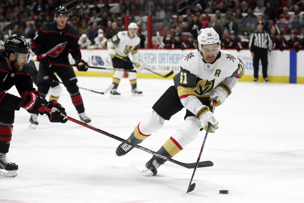 Vegas Golden Knights right wing Mark Stone (61) skates against the Carolina Hurricanes during t ...