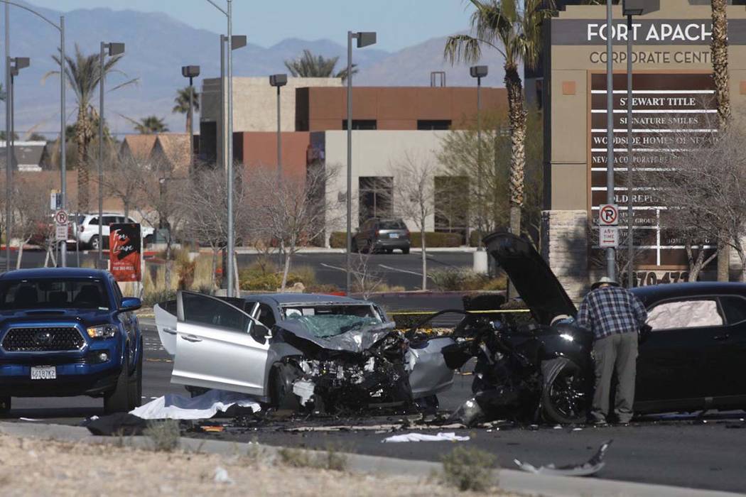Police investigate a fatal collision at the intersection of S. Fort Apache Road and W. Tropican ...