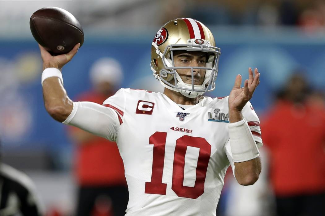 San Francisco 49ers quarterback Jimmy Garoppolo passes against the Kansas City Chiefs during th ...