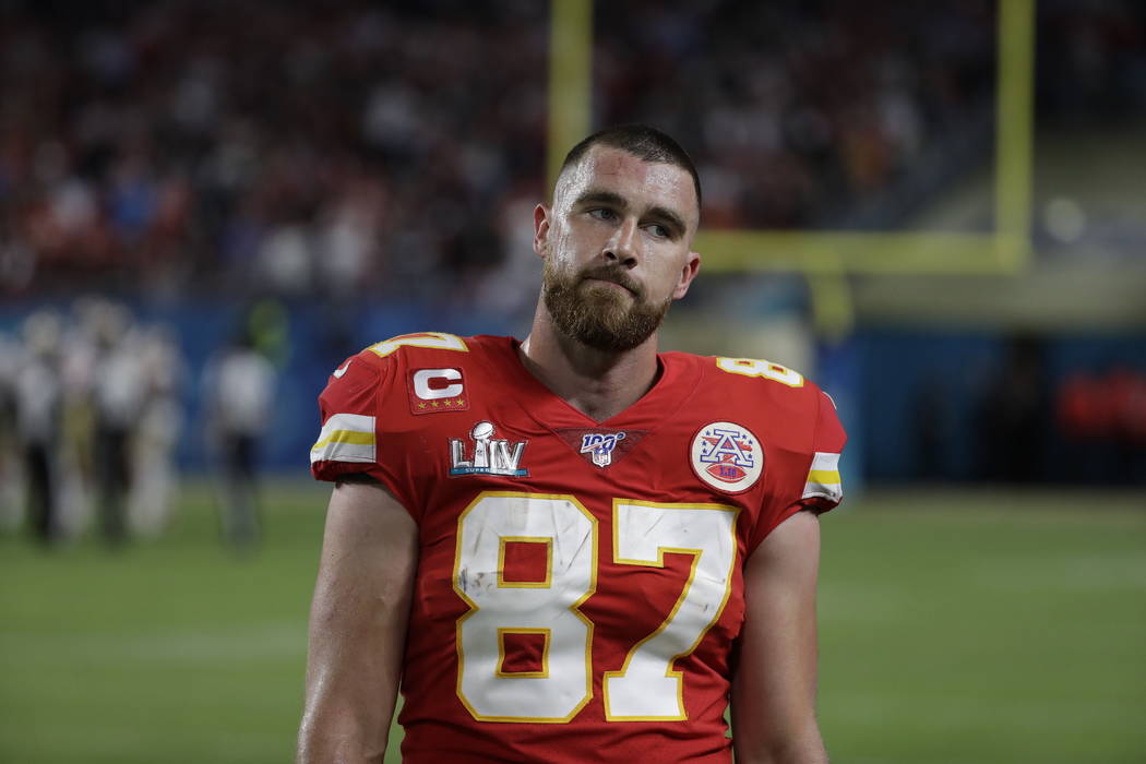Kansas City Chiefs' Travis Kelce (87) walks the turf during the second half of the NFL Super Bo ...