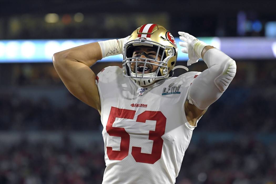 San Francisco 49ers' Mark Nzeocha reacts after a play against the Kansas City Chiefs during the ...