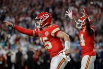 Kansas City Chiefs quarterback Patrick Mahomes (15) celebrates a play the San Francisco 49ers d ...