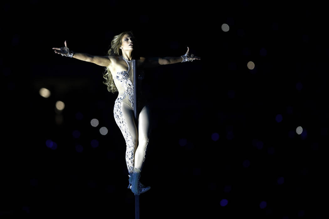 Jennifer Lopez performs during halftime of the NFL Super Bowl 54 football game between the San ...