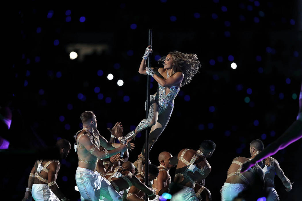 Jennifer Lopez performs during halftime of the NFL Super Bowl 54 football game between the San ...