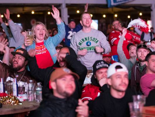 The crowd responds to the Kansas City Chiefs winning Super Bowl LIV at a watch party at the Dow ...