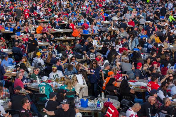 The crowd at a watch party for the Super Bowl LIV at the Downtown Las Vegas Events Center in La ...