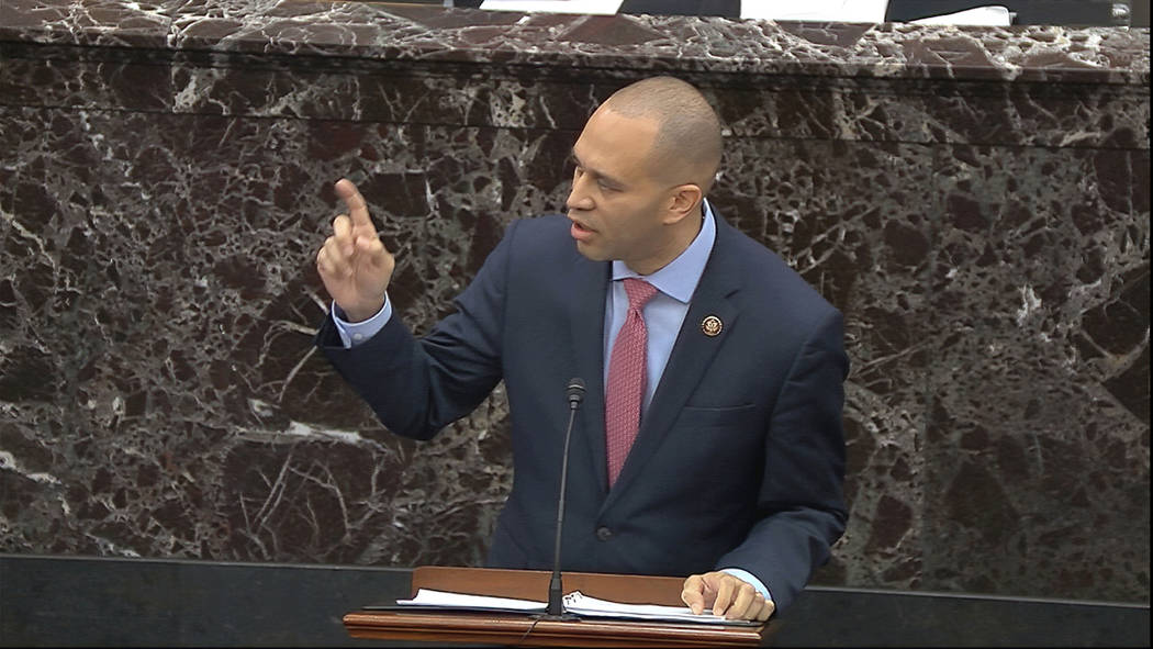 House impeachment manager Rep. Hakeem Jeffries, D-N.Y., speaks during closing arguments in the ...