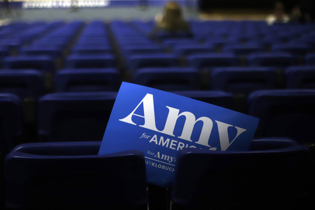 A campaign sign for Democratic presidential candidate Sen. Amy Klobuchar, D-Minn., in her secti ...