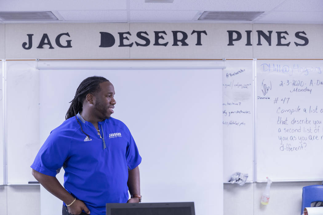 Desert Pines High School's assistant football coach and Life Skills teacher David Hill in his c ...