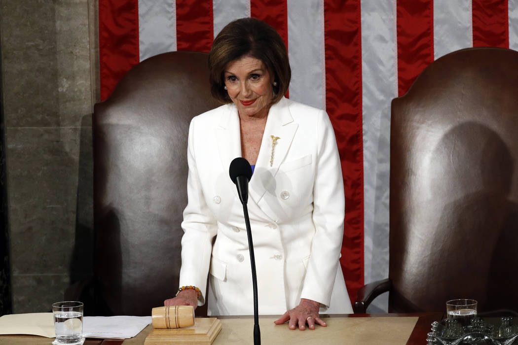 House Speaker Nancy Pelosi of Calif., waits before President Donald Trump arrives to deliver hi ...