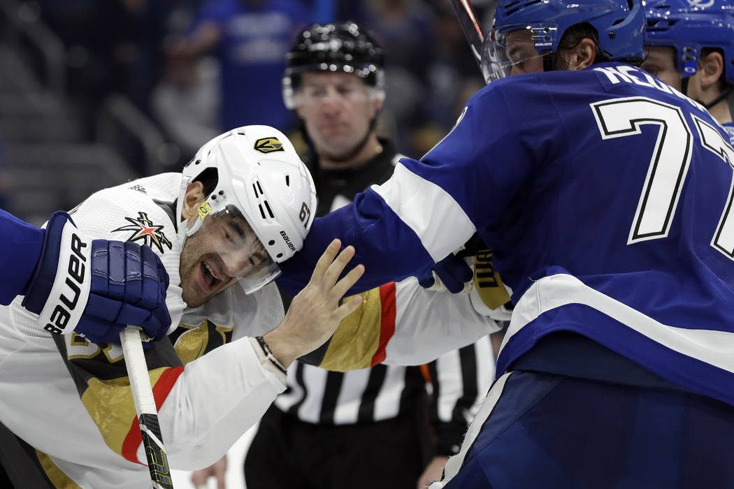 Vegas Golden Knights left wing Max Pacioretty (67) and Tampa Bay Lightning defenseman Victor He ...