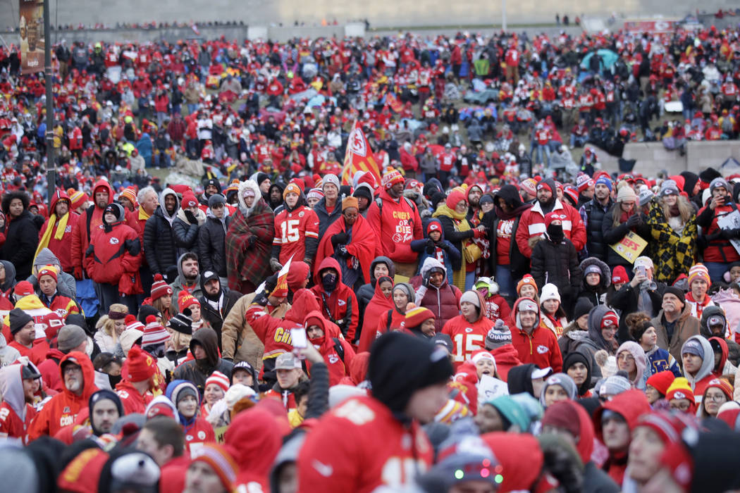 Kansas City Chiefs fans gather for a Super Bowl parade and rally in Kansas City, Mo., Wednesday ...