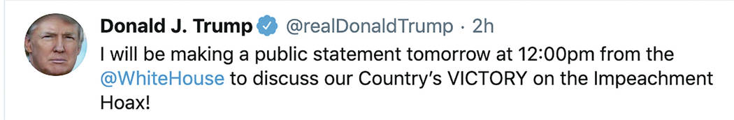 Trump tweet after he was acquitted on two articles of impeachment on Wednesday.