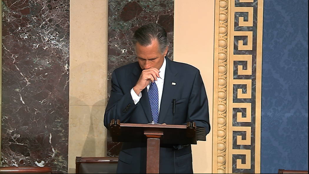 In this image from video, Sen. Mitt Romney, R-Utah, speaks on the Senate floor about the impeac ...