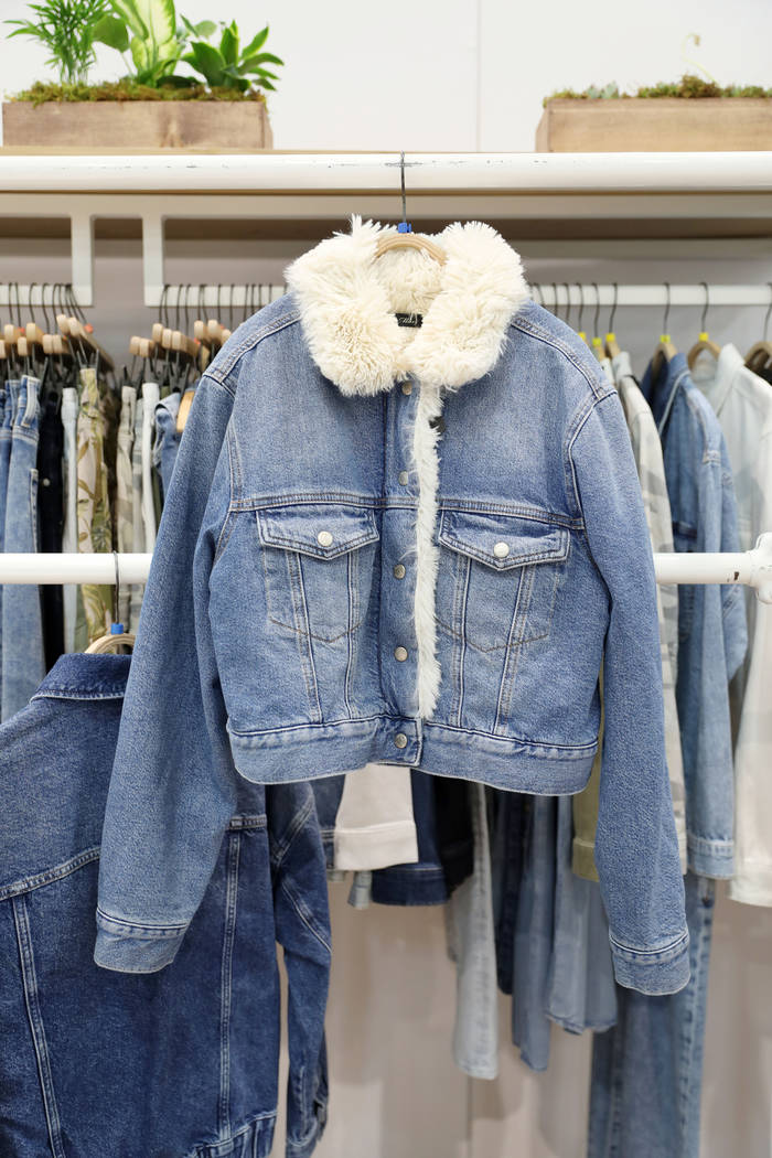 A denim jacket to be released Fall of 2020 is displayed at Mavi Jeans Inc.'s exhibit during the ...