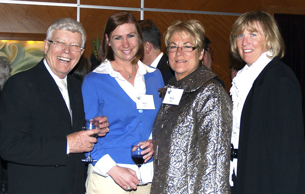 Founder of the Utah Shakespeare Festival, Fred Adams, from left, greets arriving guests Betty C ...