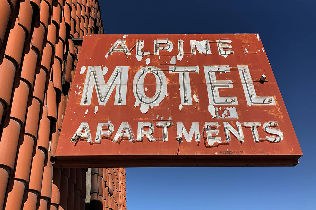 The sign outside the Alpine Motel Apartments pictured on Jan. 9, 2020, in Las Vegas. (David Guz ...