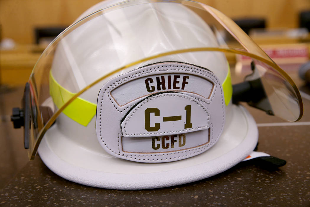 A fire chief helmet before a change of command ceremony for outgoing Clark County Fire Departme ...