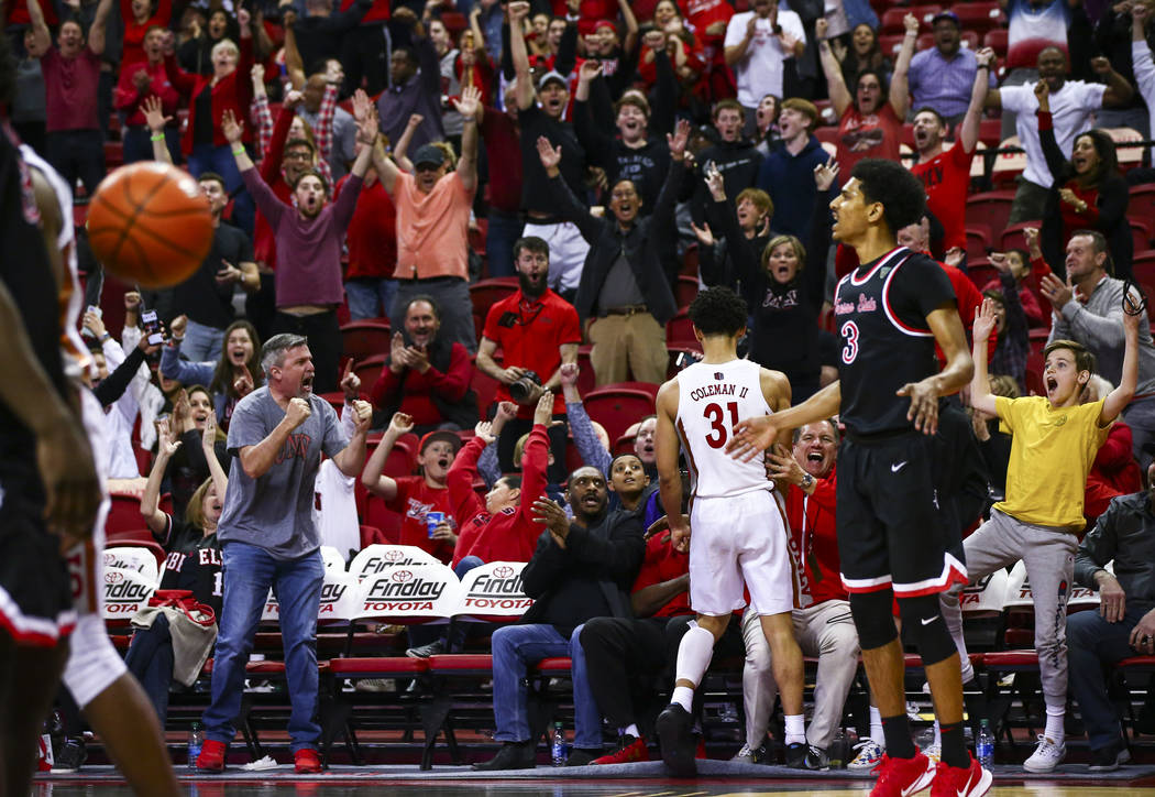 UNLV's Marvin Coleman (31) celebrates after banking in a shot in the final second of the game a ...