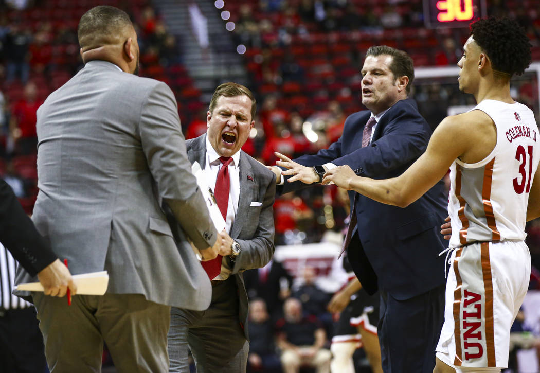 UNLV's head coach T.J. Otzelberger reacts to a technical foul called during the second half of ...