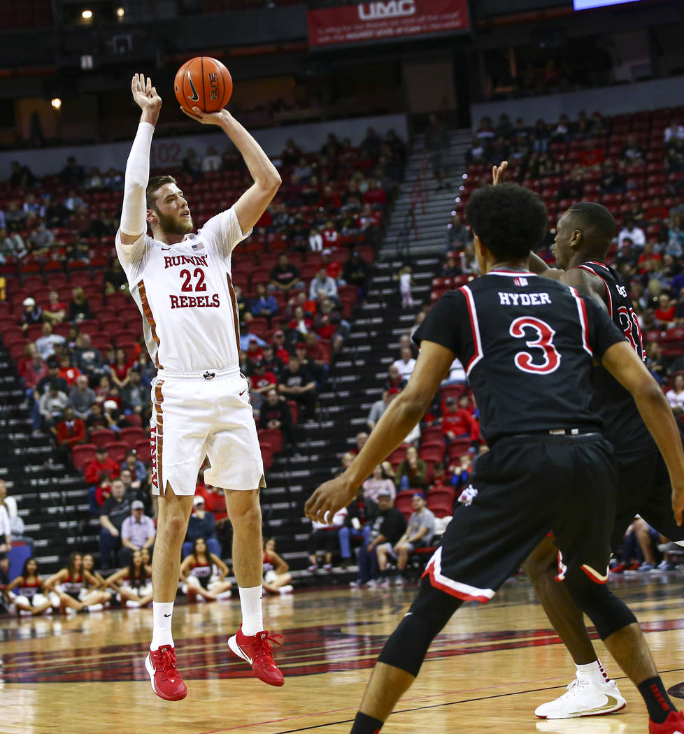 UNLV's Vitaliy Shibel (22) shoots against Fresno State during the second half of a basketball g ...