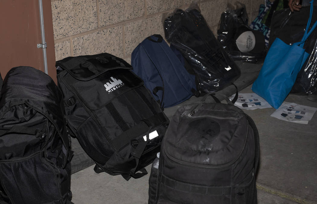 CITYPAK backpacks sit outside the Las Vegas Rescue Mission on Saturday, Feb. 2020 in Las Vegas. ...