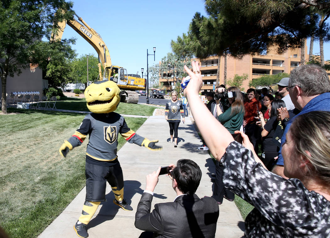 Vegas Golden Knights mascot Chance arrives at the Henderson Convention Center for a demolition ...