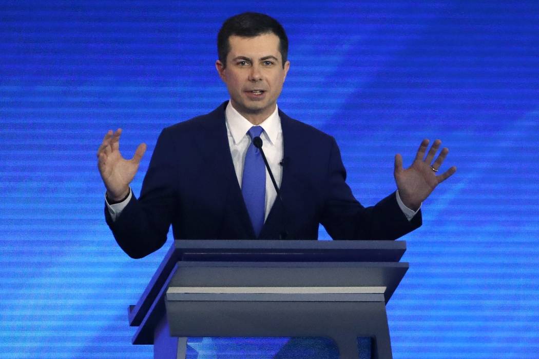 Democratic presidential candidate former South Bend, Ind., Mayor Pete Buttigieg speaks during a ...