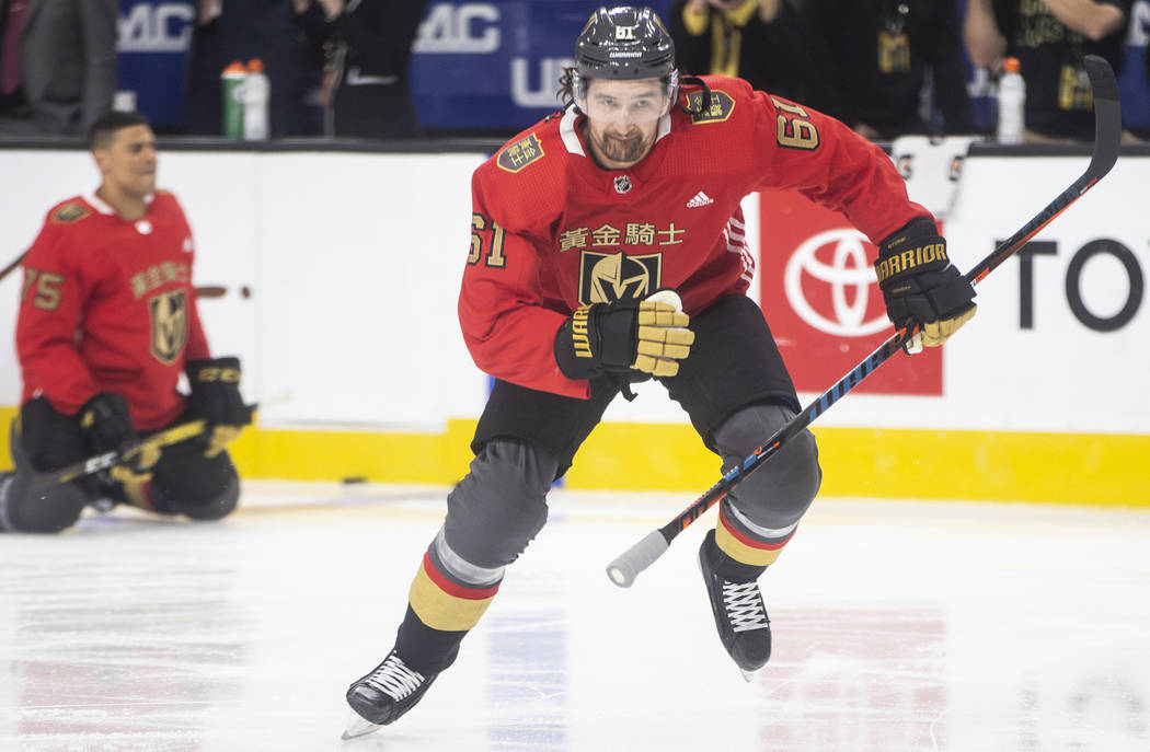 Vegas Golden Knights right wing Mark Stone (61) wears a jersey commemorating Chinese New Year d ...